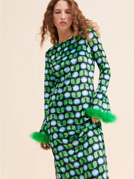 Anna Sui Velvet Daisies Green Feather Dress ✨ - Picture 2 of 5